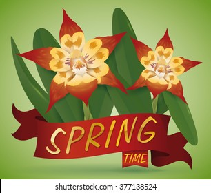 Exotic flourished orchids with leaves over red ribbon with golden Spring Time text.