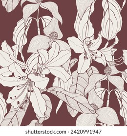 Exotic flower azalea, dog wood flower illustration. Beige, brown seamless pattern.