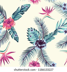 Exotic flower Hibiscus, plumeria, frangipani, bird of paradise. Blue leaves seamless pattern light yellow background. Trendy vector wallpaper