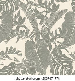 Exotic flower and palm bananas leaves illustration. Light pastel vintage green seamless pattern.