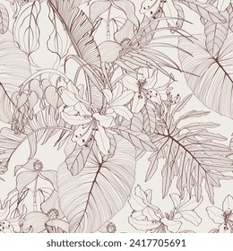 Exotic flower and palm bananas leaves illustration. Light pastel vintage beige seamless pattern.