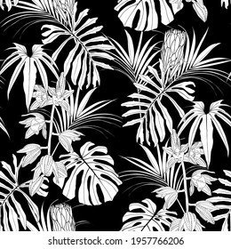 Exotic flower and palm leaves illustration. Black white line seamless pattern. Black background.