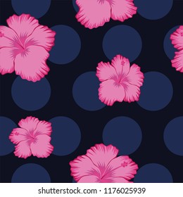 Exotic flower pink hibiscus abstract pink color seamless pattern blue circles background