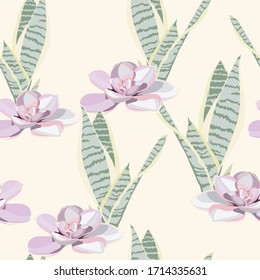 Flor exótica sin fisuras con suculentos violetas, Sansevieria. Elegante diseño tierno para cosméticos naturales, perfume, floristería. Mejor para la tela. Flores textura.