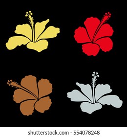 Exotic flowers in allover composition. Collection for summer fashion, interior, wallpaper. Set of vector tropical design with hibiscus in yellow, red and gray colors. Vector illustration.