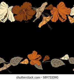 Exotic flowers in allover composition. Horizontal pattern for summer fashion, interior, wallpaper. Seamless vector tropical design with hibiscus flowers in beige, orange, brown colors and copy space.