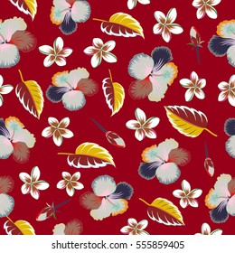 Exotic flowers in allover composition. Multicolor pattern for summer fashion, interior, wallpaper. Seamless vector tropical design with hibiscus on red background.