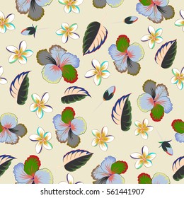 Exotic flowers in allover composition. Multicolor pattern for summer fashion, interior, wallpaper. Vector tropical design with hibiscus on beige background.