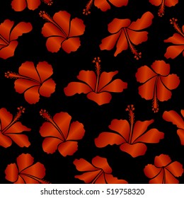 Exotic flowers in allover composition. Pattern for summer fashion, interior, wallpaper. Vector tropical design with hibiscus on a black background in orange and red colors.