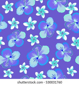 Exotic flowers in allover composition. Pattern for summer fashion, interior, wallpaper. Seamless vector tropical design with hibiscus in neutral, blue and violet colors. Vector illustration.