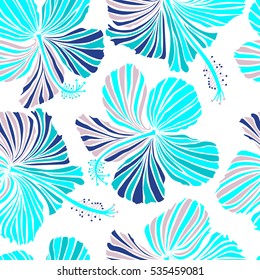 Exotic flowers in allover composition. Pattern for summer fashion, interior, wallpaper. Seamless vector tropical design with hibiscus on a white background in blue and neutral colors.
