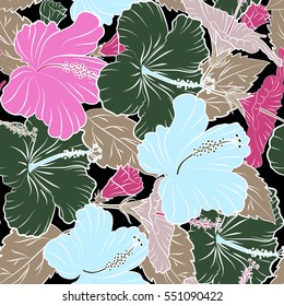 Exotic flowers in allover composition. Pattern for summer fashion, interior, wallpaper. Vector tropical design with hibiscus on a black background in magenta and pink colors.