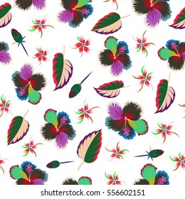 Exotic flowers in allover composition. Pattern for summer fashion, interior, wallpaper. Seamless vector tropical design with hibiscus on a white background in blue and red colors.