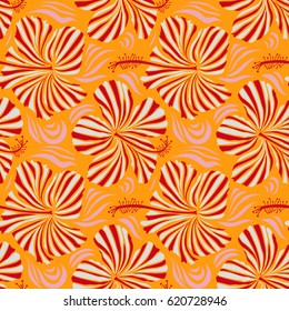 Exotic flowers in allover composition. Pattern for summer fashion, interior, wallpaper. Vector tropical design with hibiscus in yellow, red and pink colors. Vector illustration.