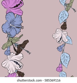 Exotic flowers in allover composition. Seamless vector tropical design with hibiscus in brown and pink colors and place for text. Vector illustration. Pattern for summer fashion, interior, wallpaper.