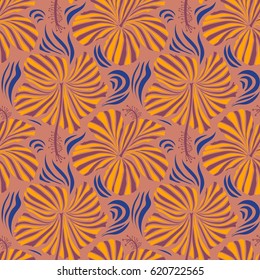 Exotic flowers in allover composition. Seamless vector tropical design with hibiscus in pink, yellow and purple colors. Vector illustration. Pattern for summer fashion, interior, wallpaper.