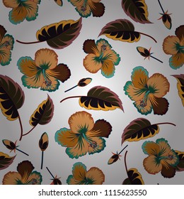 Exotic flowers in allover composition. Vector illustration. Pattern for summer fashion, interior, wallpaper. Seamless vector tropical design with hibiscus in orange, gray and white colors.