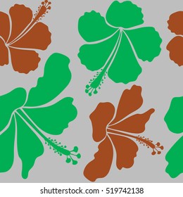 Exotic flowers in allover composition. Vector illustration. Pattern for summer fashion, interior, wallpaper. Seamless vector tropical design with hibiscus in brown, neutral and green colors.