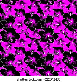 Exotic flowers in allover composition. Vector illustration. Pattern for summer fashion, interior, wallpaper. Seamless vector tropical design with hibiscus in magenta, black and white colors.