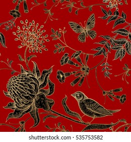 Exotic flowers, birds and butterflies. Seamless vector floral pattern style vintage luxury fabrics. Unusual art illustration for paper, curtains, clothing, case phone, cover. Black, red and gold foil.
