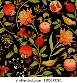 Exotic flowers, birds and fruits. Seamless vector floral pattern in style vintage luxury fabrics. Art vector illustration. Unusual template for design of textiles, paper, clothing, case phone cover