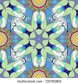 Exotic flowers, botanical bright classic nature on blue, green and neutral colors. Vector illustration. Watercolor set of vintage floral tropical natural elements.