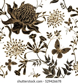 Exotic flowers and butterflies. Seamless vector floral pattern style vintage luxury fabrics. Unusual art illustration for textiles, paper, curtains, clothing, case phone cover. White, black, gold foil