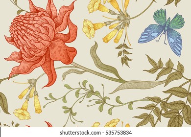 Exotic flowers and butterflies. Seamless vector floral pattern in style vintage luxury fabrics. Unusual color art illustration for the creation of textiles, paper, curtains, clothing, case phone cover