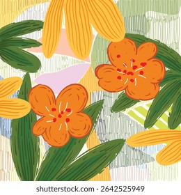 Exotic flowers an

d plants pattern hand drawn vector illustration. Colorful botanical contemporary design.