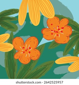 Exotic flowers an

d plants pattern hand drawn vector illustration. Colorful botanical contemporary design.