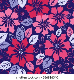 Exotic flowers fashion repeatable pattern. Beautiful red floral on dark blue background. Colorful vector illustration.
