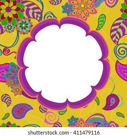 Exotic flowers frame. Flower shape frame on yellow background with colorful exotic flowers. Use: greeting card, invitation, post card, save date, banner, flyer, message frame, decorative border