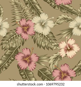 Exotic flowers hibiscus abstract brown color tropical banana leaves seamless vector pattern. Trendy floral print beach wallpaper