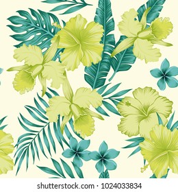 Exotic flowers hibiscus and plumeria banana leaves blue lime color tropical seamless pattern. Beach party background