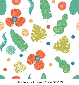 Exotic flowers hibiscus and plumeria banana leaves blue lime color tropical seamless pattern. Beach party background