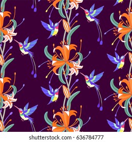 Exotic flowers and hummingbird seamless tropical pattern.