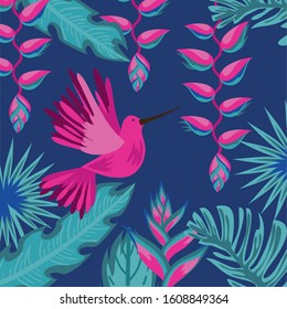 exotic flowers and leafs with bird vector illustration design