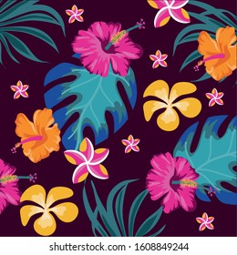 exotic flowers and leafs decorative pattern vector illustration design