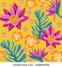 exotic flowers and leafs decorative pattern vector illustration design