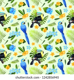 Exotic flowers, leaves and birds seamless pattern. Colorful toucan and parrot ara in tropical foliage tiled background. Vector illustration.