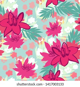 Exotic Flowers and Leaves Bright Pattern.  for Surface , Invitation , Notebook, Banner , Wrap Paper ,Textiles, Cover, Magazine ,Postcard Background ,Textile 
