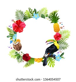 Exotic flowers and leaves circle frame foth copy space isolated on white background. Colorful toucan in tropical foliage compositon vector illustration.