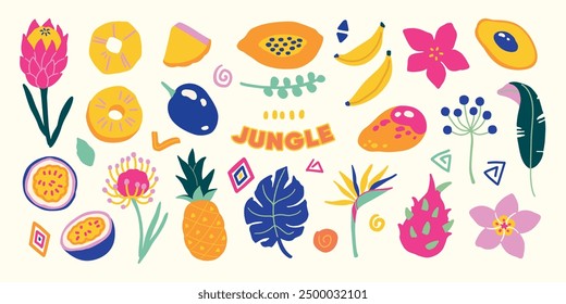 Exotic flowers, leaves and fruits hand drawn cute simple jungle illustration collection Modern simple clip art set for children books stationery banners and social media