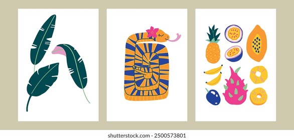 Flores exóticas hojas y frutas dibujadas a mano lindo simple selva ilustración colección Arte de Clip simple moderno conjunto para niños libros carteles papelería Anuncios y redes sociales