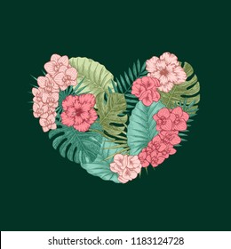 Exotic flowers and leaves heart shape. Tropical style. Valentines card. Vector illustration