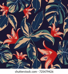 Exotic flowers and leaves seamless tropical design floral vector dark blue background