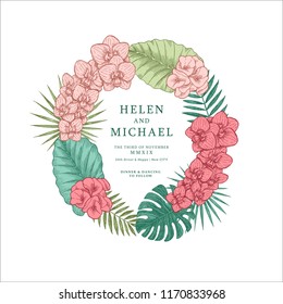 Exotic flowers and leaves. Tropical style. Elegant wedding invitation template. Vector illustration