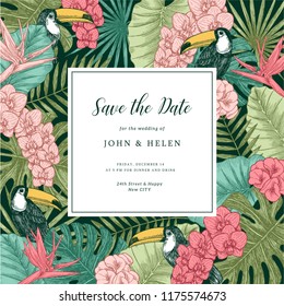 Exotic flowers and leaves. Tropical style. Toucan bird. Wedding invitation template. Vector illustration