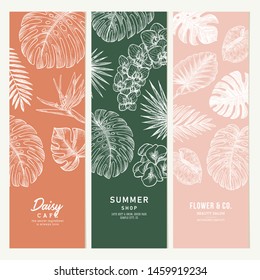 Exotic flowers and leaves vertical banner collection. Botanical vintage illustration. Vector illustration