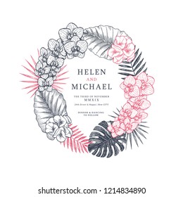 Exotic flowers and leaves.Tropical style. Elegant wedding invitation design template. Vector illustration
